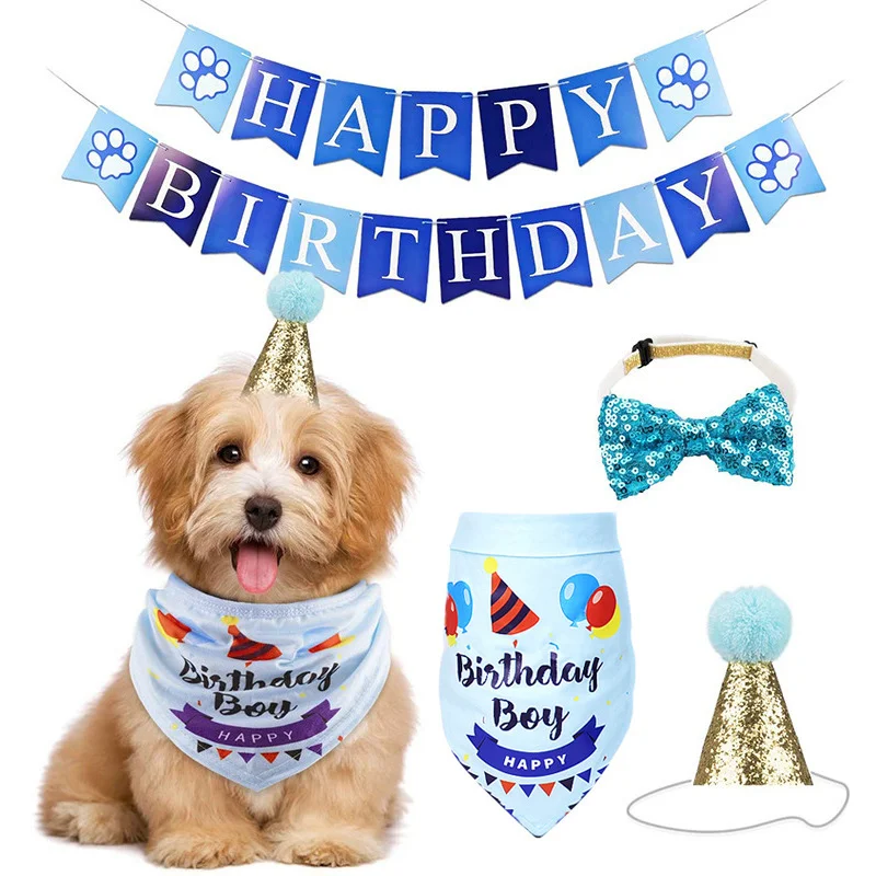 

1 Set Pet Birthday Supplies Dog Birthday Bandana Pull Flag Triangle Scarf Cake Hat Tie Collar Kit Handmade DIY Pet Party Suppy