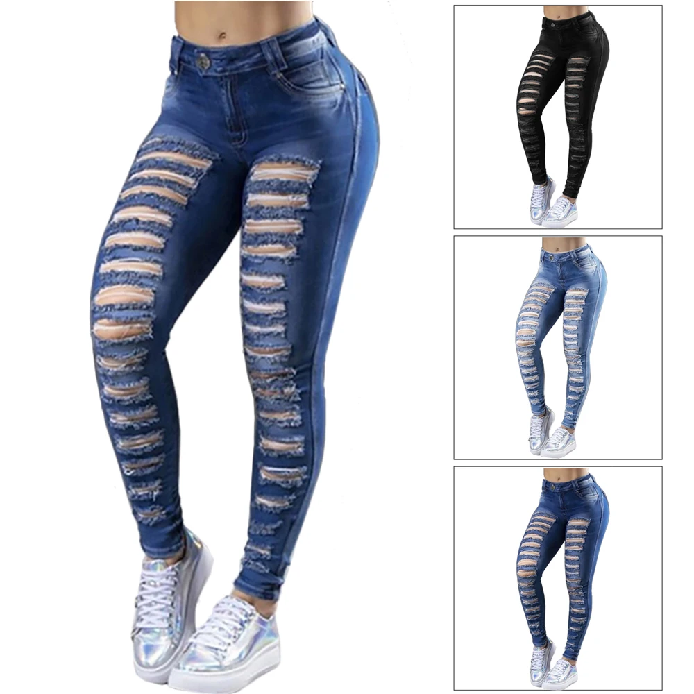 

Ripped Women Skinny Jeans High Waist Denim Blue Pants Causal Sexy Jean Pants For Women Mom Jeans Full Length Female New Trousers