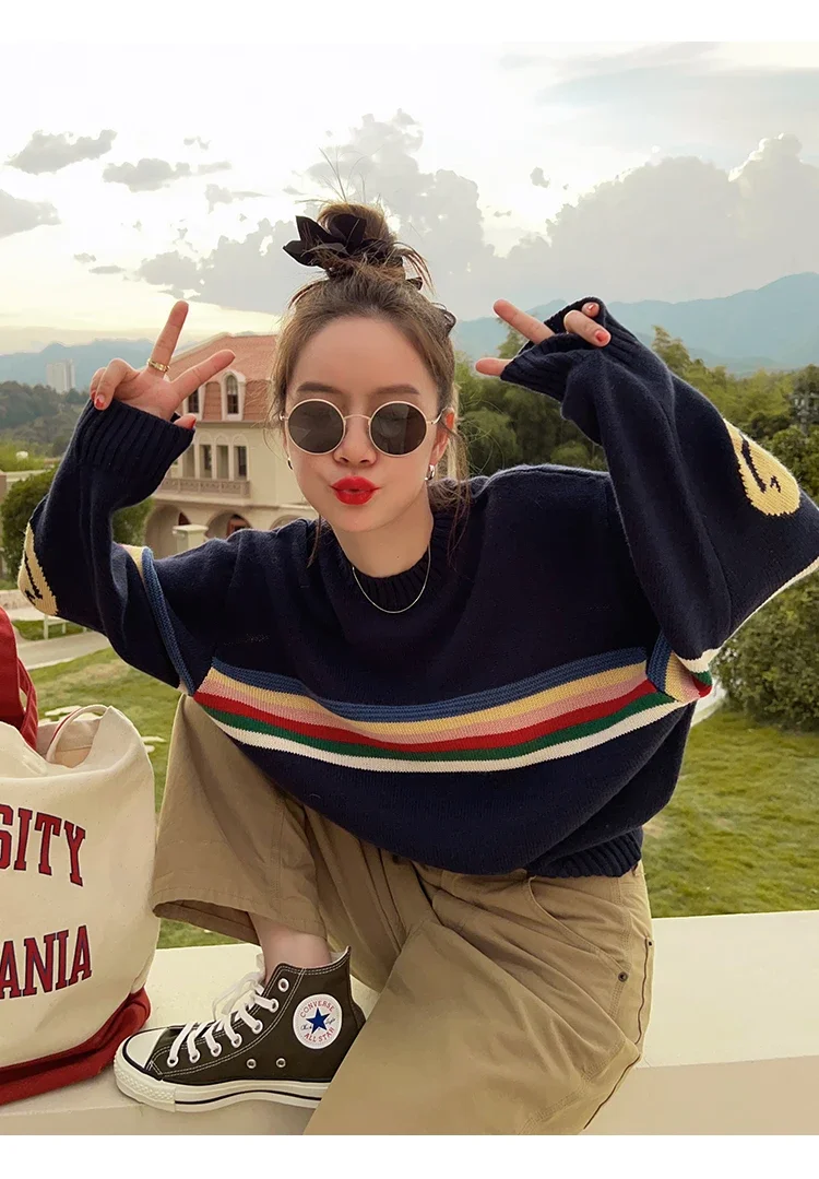 Свитера с круглым вырезом в радужную полоску похожие на элафине женские вязаные