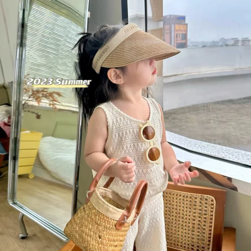 

Girls Summer Clothing Set 2023 Kids Knitted Hollow Lace Suit Girl Fashion Breathable Vest + Wide Leg Pants Outfits Children Sets