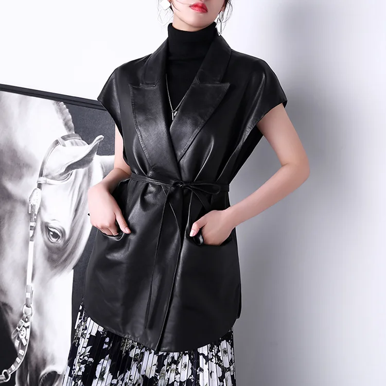 2022 Autumn and Winter New Women Belt Thin Casual Vest Mid-Length Genuine Sheepskin Leather Jacket E18