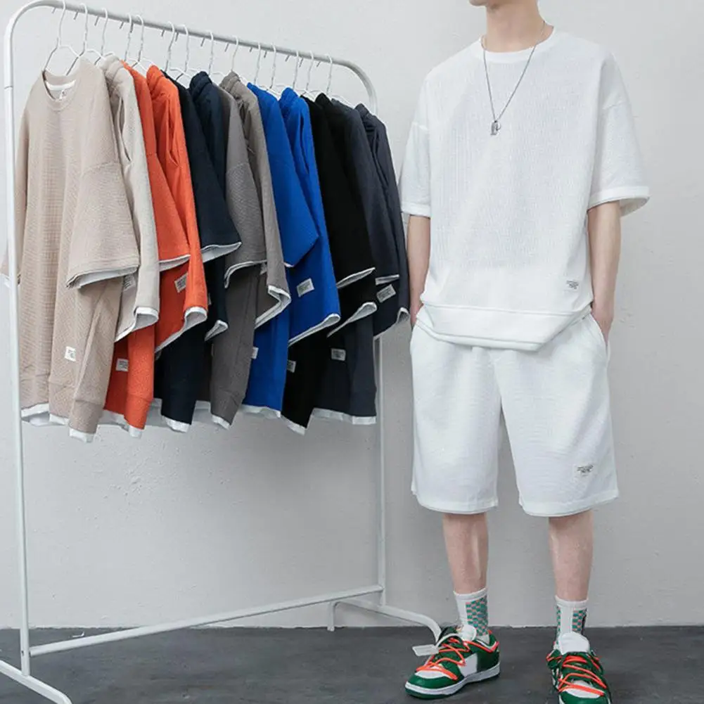 

Trendy Sportswear Suit Pockets Knee Length Summer Fake Two Pieces Men Tracksuit Thin T-shirt Shorts Set Streetwear
