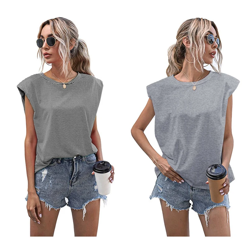 

2X Casual Loose Tank Tops Summer Sleeveless Top Women T-Shirt Basic Knitwear Top M Size Black White Stripe & Gray