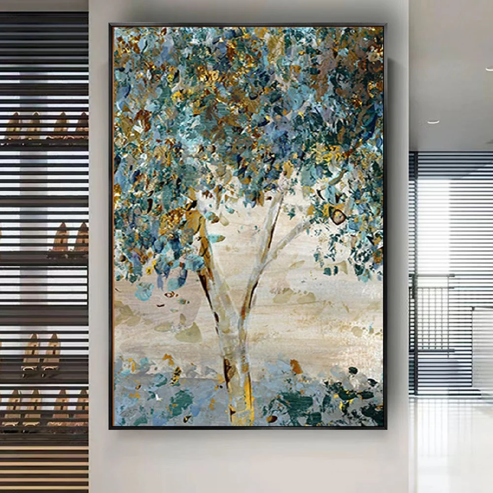 

100% Hand-Painted Tree Oil Painting Gold Wall Art Picture Fashion Green Yellow Leaves Forest Scenery Canvas Poster Decor Home