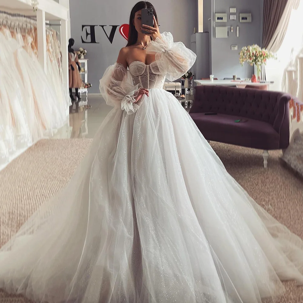 Купи Shiny Glitter Tulle Princess Wedding Dresses Puff Long Sleeve Lace Bride Dress Vintage Bohemian Wedding Gowns Spring Vestidos за 6,696 рублей в магазине AliExpress