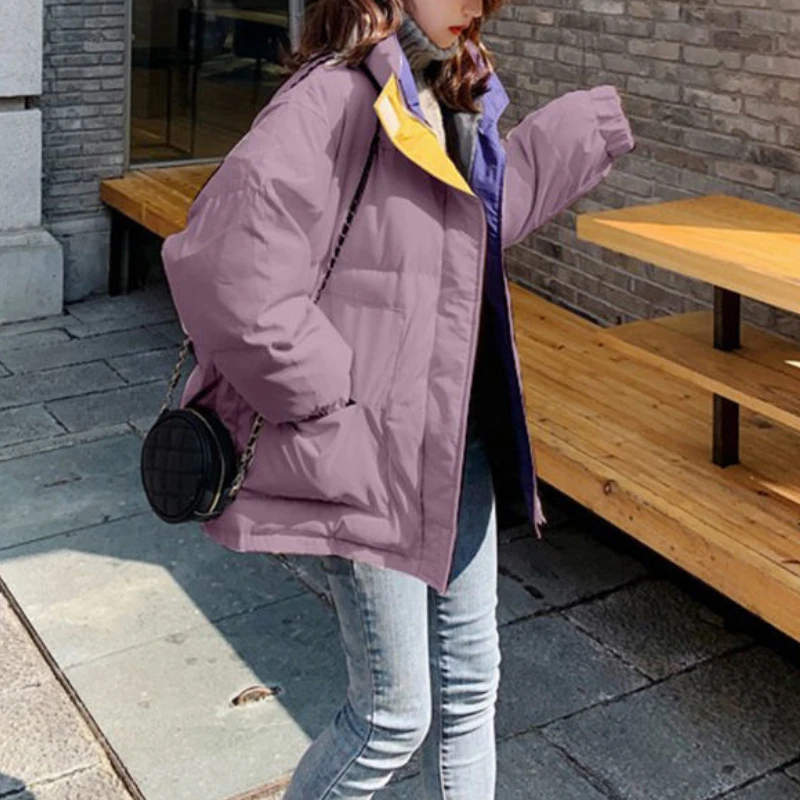 2021 New Winter Fashion Coat Cotton Padded Bread Jacket Fake Two Stand-up Collar Thick Loose Black Warm Street Women's Clothing