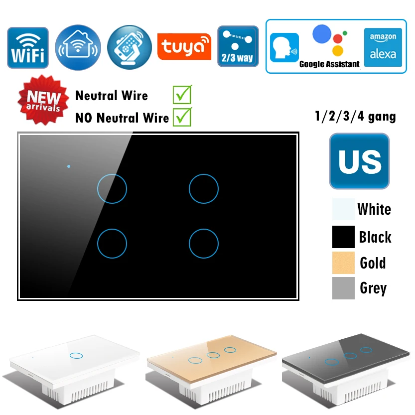 Настенный сенсорный выключатель Wi-Fi US с/без нейтрального прерывателя