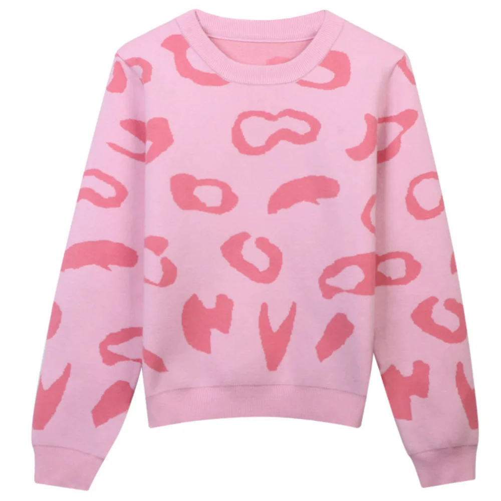 

Korean New Pink Women Leopard Print Knitted Sweater Winter Autumn Simple Thick Long Sleeve O-neck Female Pullovers Casual Tops