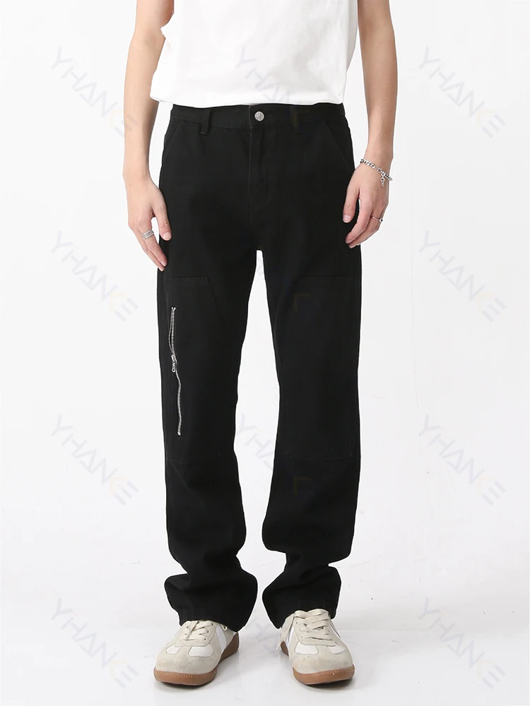 New Men's Baggy Jeans Cross Zipper Design Fashion High Street Trouser Washing Hole Streetwear Straight Patchwork Jeans Denim