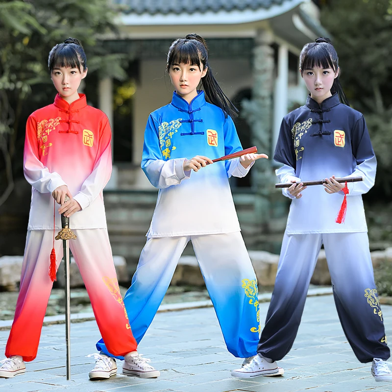 

Children Kung Fu Uniform Traditional Chinese Clothing Boys Girls Wushu Costume Top Pants Suit Set Tai Chi Folk stage Outfit