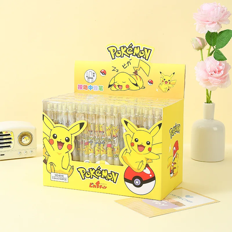 

12-144pcs Pokemon Pen Cartoon Pikachu 0.5mm Press Gel Pen Creative School Supplies Anime Black Pen Student Study Stationery Toy