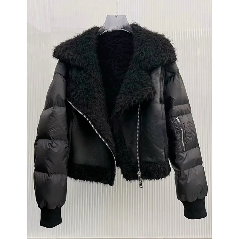 

HIGH QUALITY 2022 Newest Designer Jacket Women's Lamb Plush Splicing Faux Leather Down Motorcycle Biker Jacket