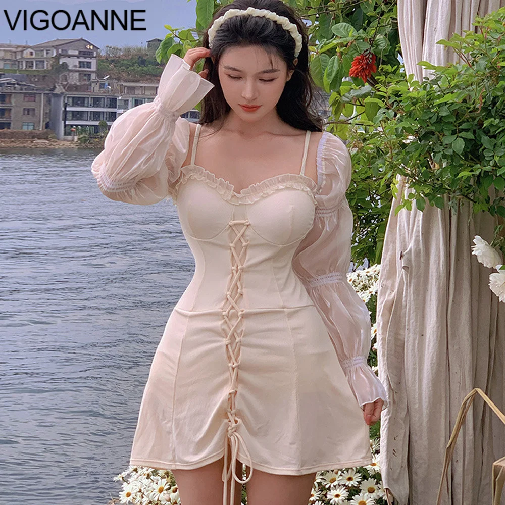 

Женский однотонный слитный купальник VigoAnne, купальник с длинным рукавом и эффектом пуш-ап, корейское Монокини, пляжный купальный костюм, 2023