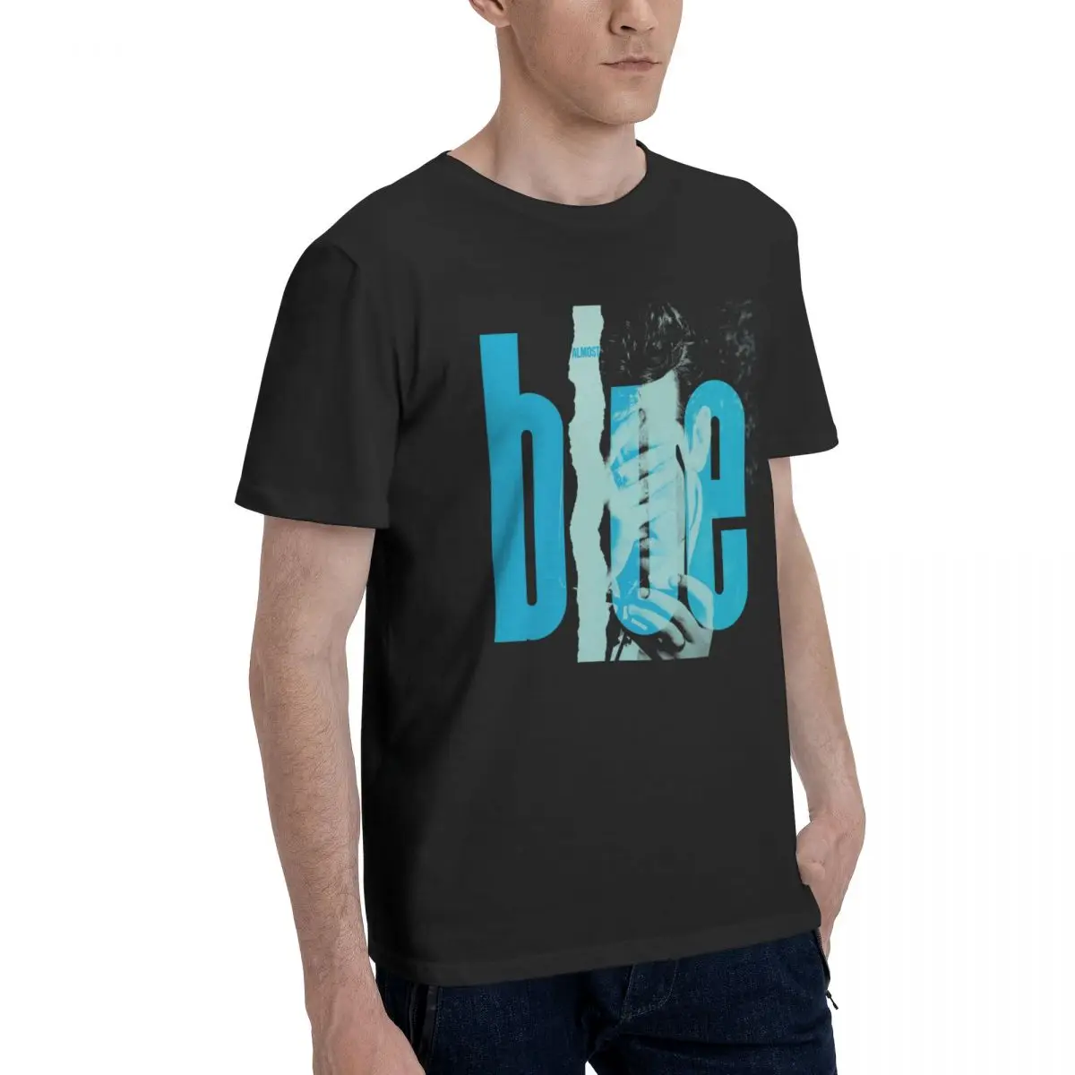 Футболка мужская из чистого хлопка винтажная тенниска почти синего цвета с