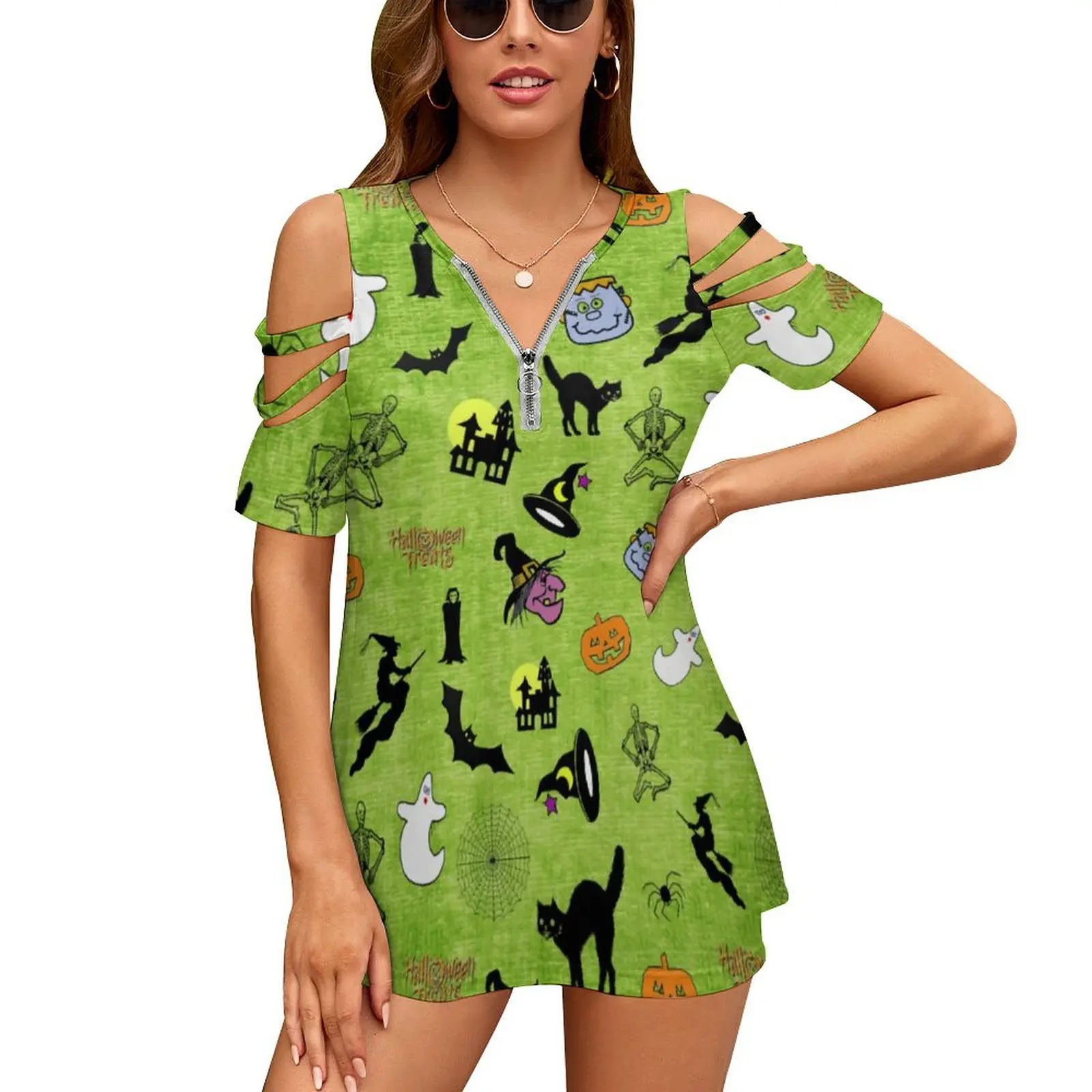 

Witch Broom T-Shirts Halloween Holiday Street Fashion T Shirt Short Sleeve Printed Tee Shirt Women Sexy V Neck Oversize Clothing