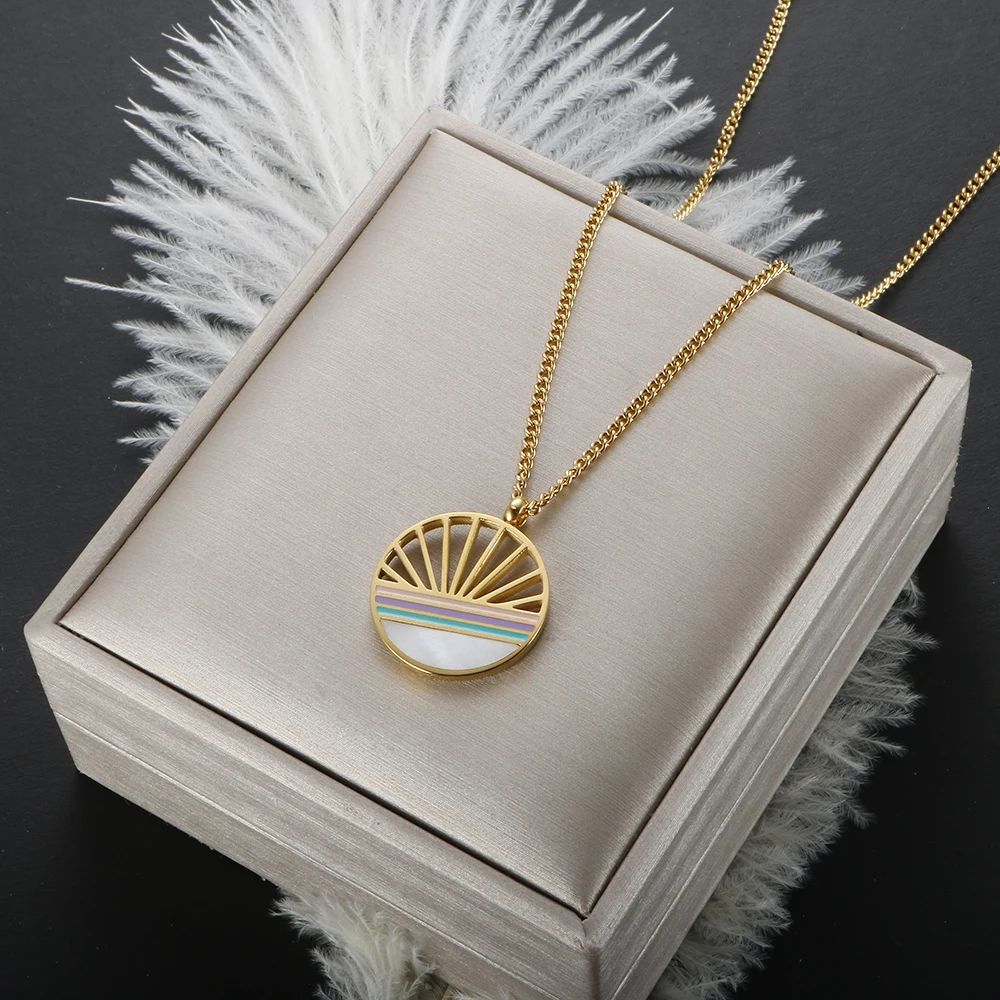 

Enamel Pendant Cutting Choker Chain Stainless Steel Gold Plated Necklace Round Sunset Waves for Women Vintage Sinple Jewelry