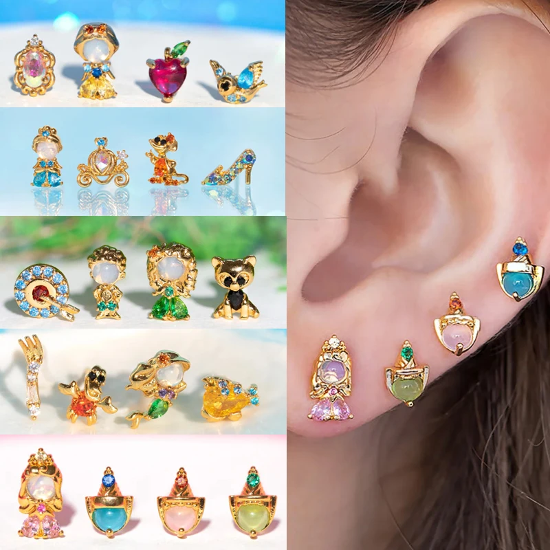 

New Disney Princess Series Earrings Sweet Snow White Mermaid Fashion 925 Silver Women Metal Jewelry Girls Birthday Gifts