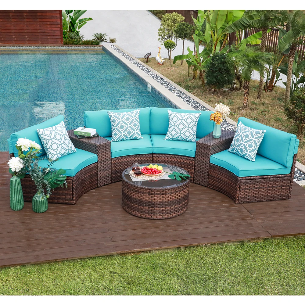 Jardín 7 piezas, muebles de Patio al aire libre, conjunto de sofá de ratán marrón de media luna con cojines para mesa de centro y almohadas