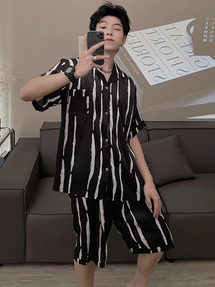 Men Satin Pajamas Set Short Sleeve Casual Home Wear Soft Spring Summer Leisure Silk Boy Pajama Sets Soft Leisure Sleepwear Suit