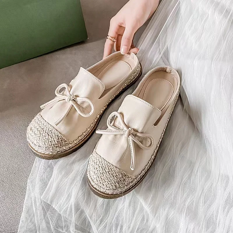 Summer New Grass Woven Women's Half Slippers Fisherman Muller Shoes Rubber Sole Breathable and Comfortable Large