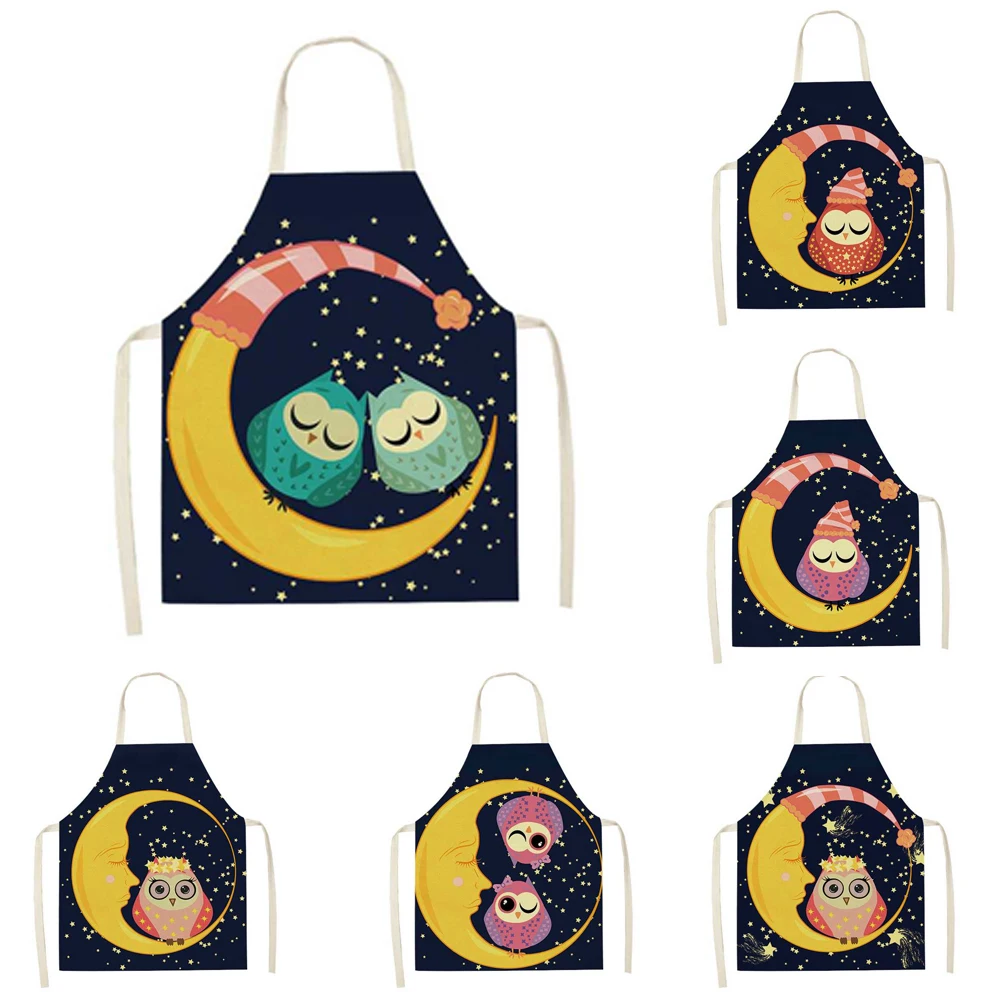 

Owl Moon Cartoon Graphic Print Linen Adult Apron Kitchen Short Apron Women's Home Cooking Baking Waist Bib Delantal Cocina Mujer