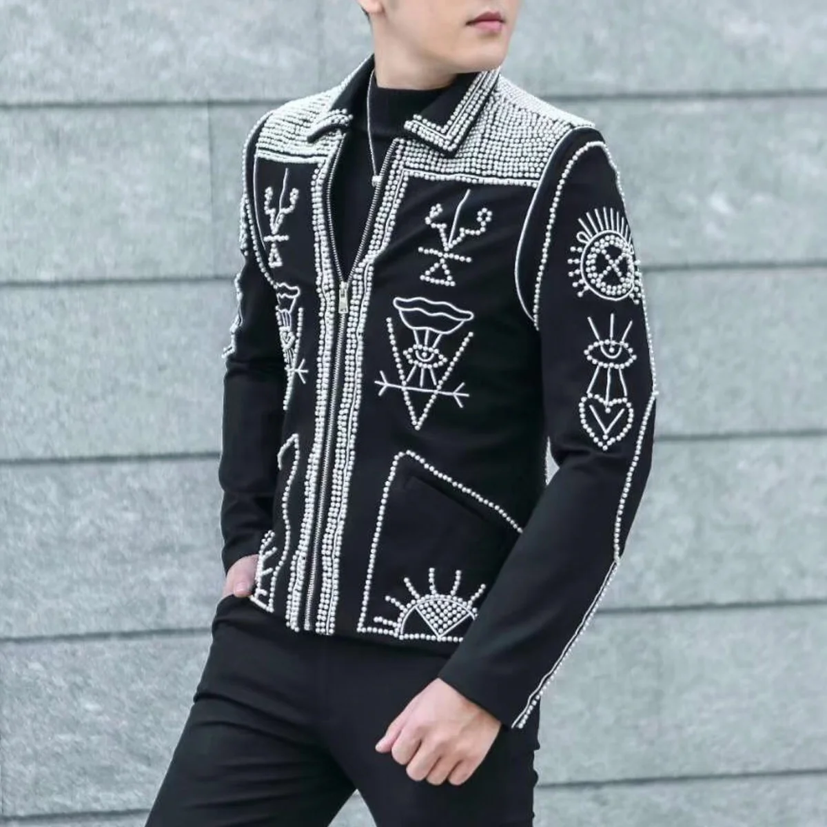 

Heavy Beaded Embroidered Jacket Men's Slim Fit Casual Jacket Men Coat Nightclub Master Clothes Performance Club Stage
