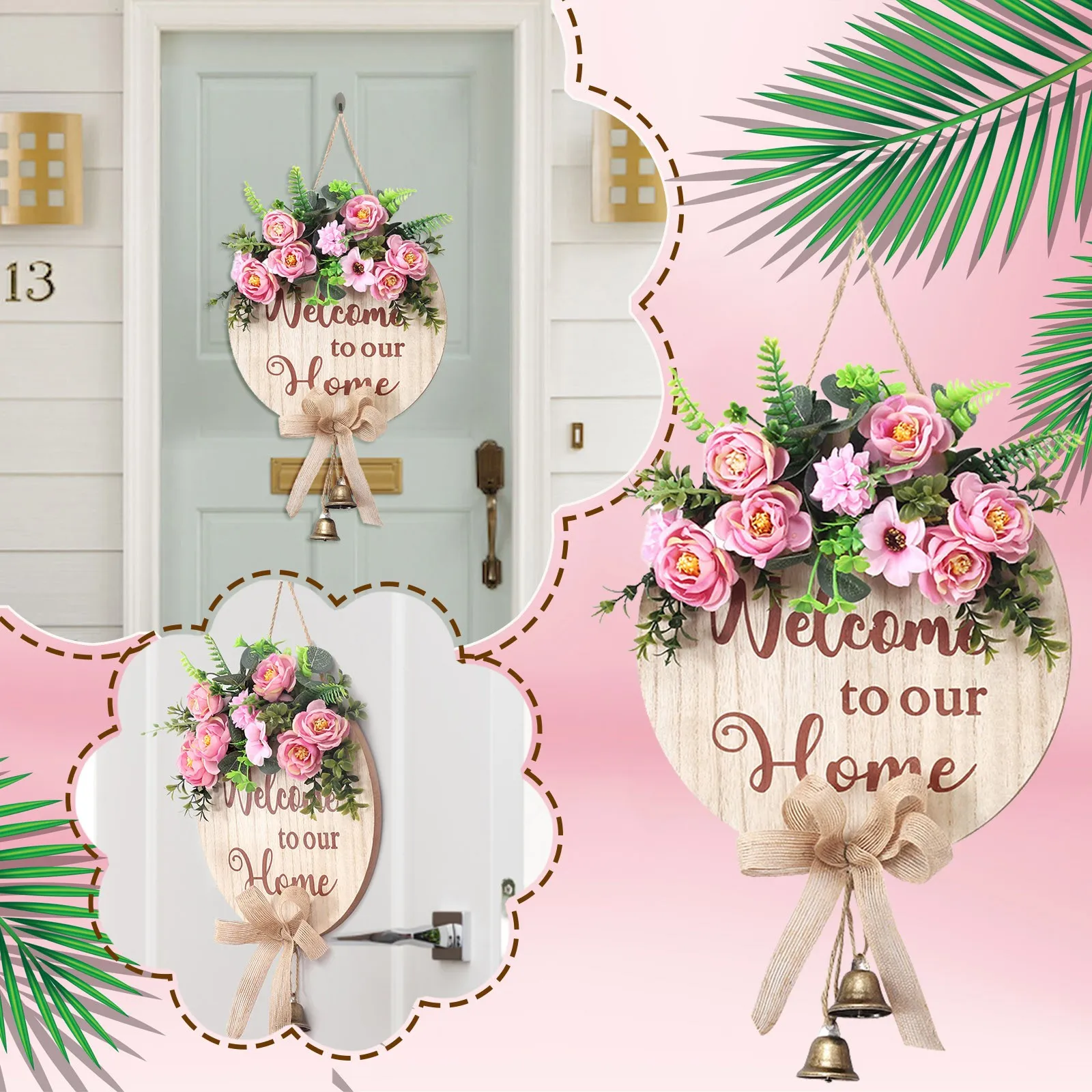 Wooden Door Hanging Welcome To The House Pendant Decoration Rural Pink Imitation Flower Welcome Doorplate Bell Doorplate Pendant