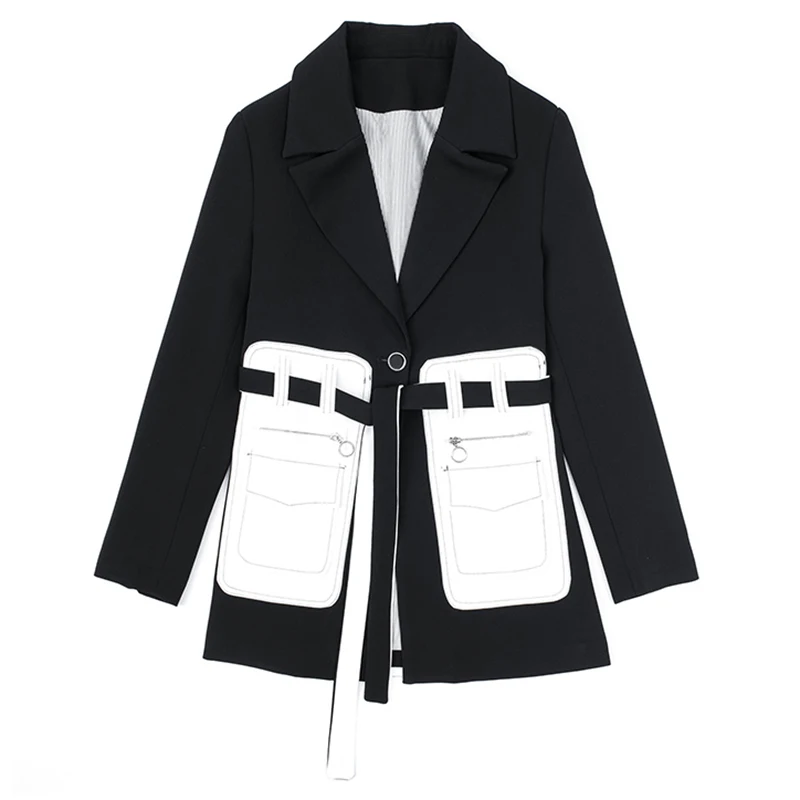 2022 Fashion Women Black Jackets White Pocket Split Temperament Lapel Blazer Bandage New Long Sleeve Loose Fit Jacket Autumn