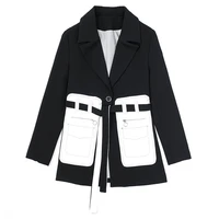 2020 fashion women black jackets white pocket split temperament lapel blazer bandage new long sleeve loose fit jacket autumn
