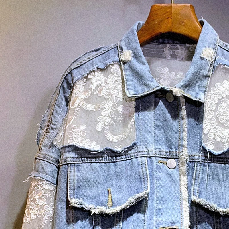 Harajuku винтажная кружевная джинсовая куртка с цветочным принтом и потертыми