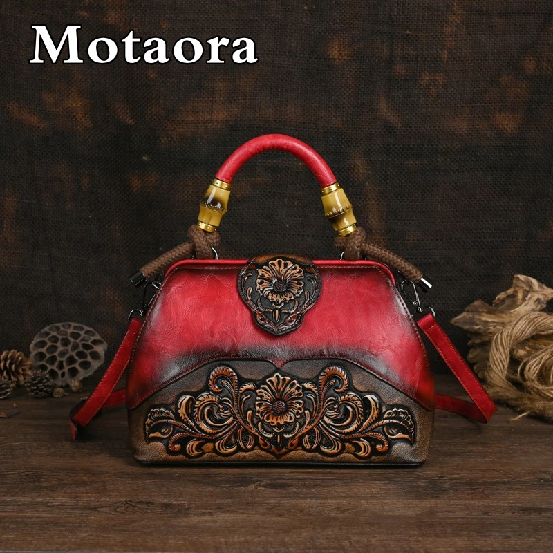 Motaora Vintage New Designer Luxury Bags For Women Leather Handbag Women's Bag 2023 Trend Handmade Carved Ladies Shoulder Bags