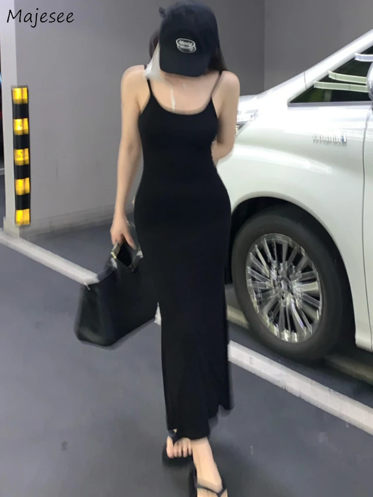 

Sleeveless Dress Women Temper High Waist Trumpet Sexy Simple Casual Summer Cozy Vintage Long Elasticity Spaghetti Strap Fashion