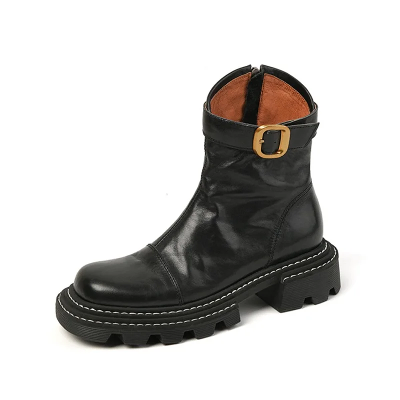 Cowhide Thick Heels Ladies Shoes With Buckle Ankle Boots Side Zippers Women Winter Boots Round Toe Autumn Spring Short Boots