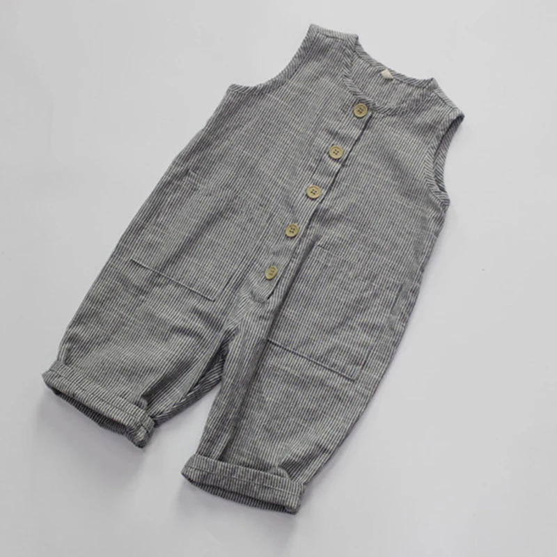 

Детские повседневные Комбинезоны, комбинезон без рукавов из льна и хлопка в полоску для маленьких мальчиков и девочек, Летний комбинезон в ...