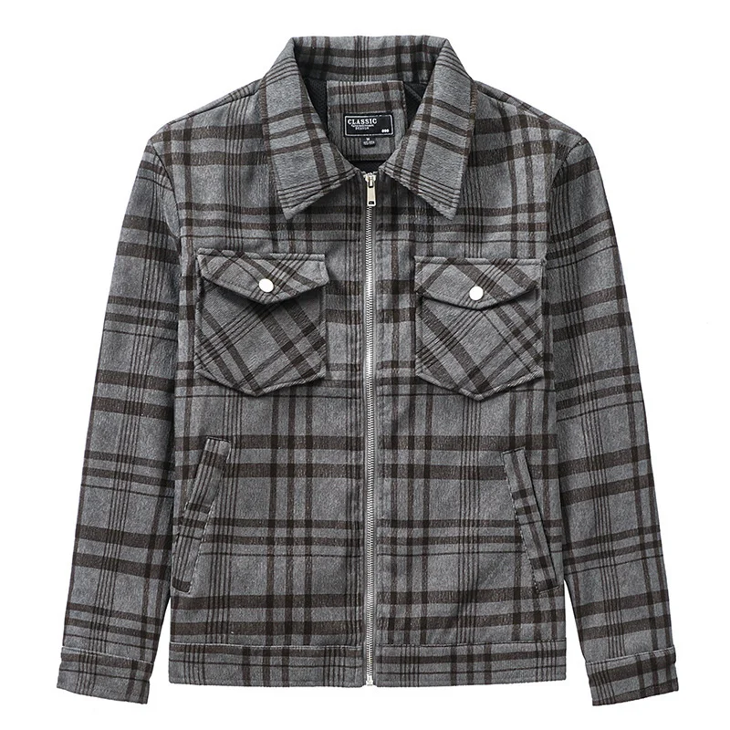 

Men's Stripe Plaid Jacket Autumn Turndown Collar Jackets Fashion Casual Multi-pocket Cargo Coats Vintage Outerwear Male