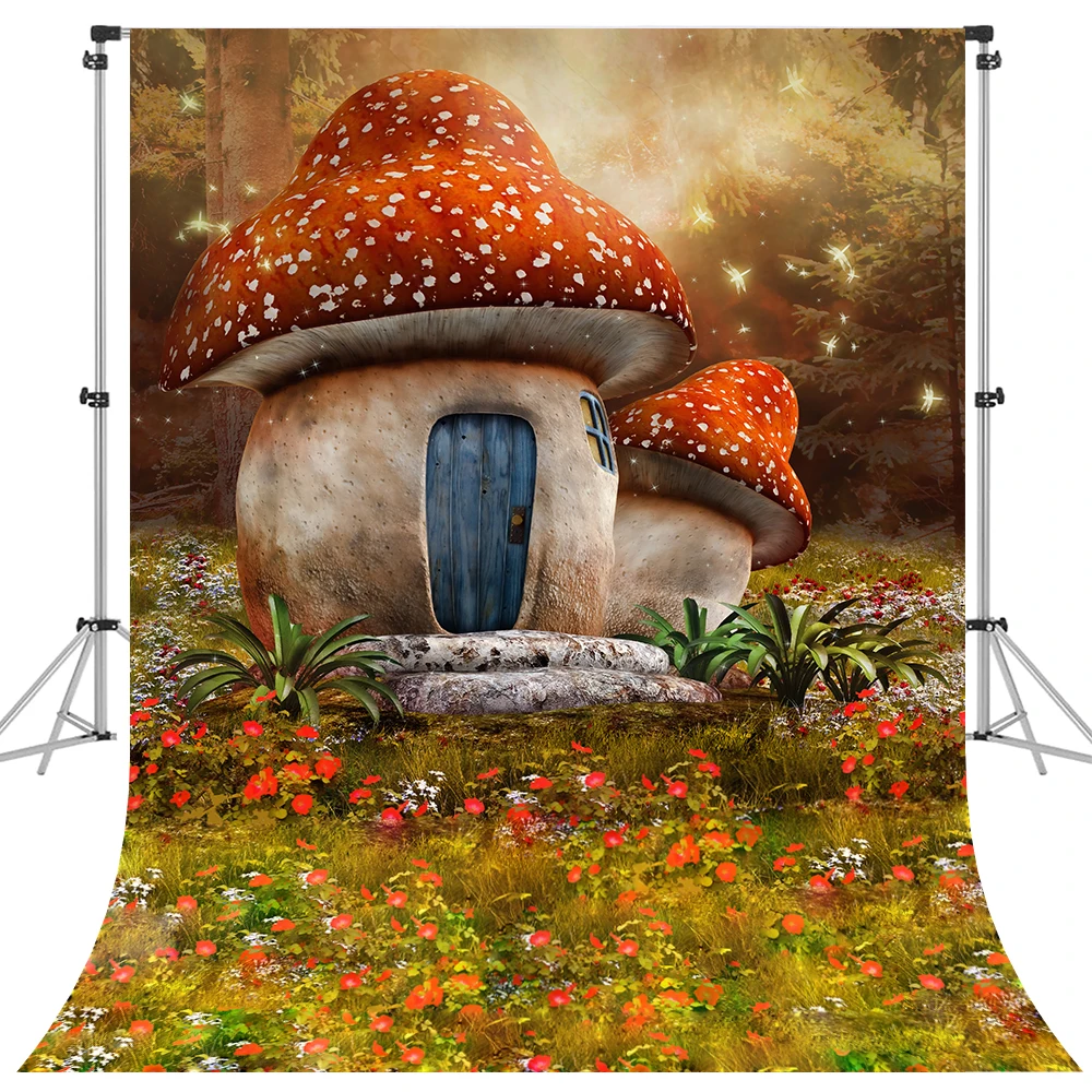 

Fairy Tale Forest Photography Background Trees Grassland Mushroom Elves Baby Birthday Portrait Photocall Backdrop Photo Studio