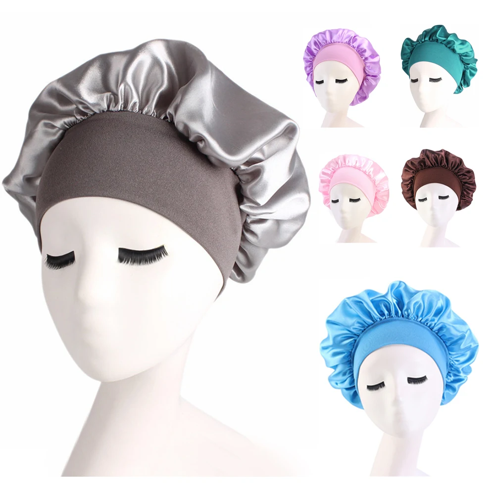 

Night Sleep Hat High Elasticity Hair Care Bonnet Solid Color Head Wrap Broadside Women's Satin Silky Hat Sleep Cap Treatment Hat