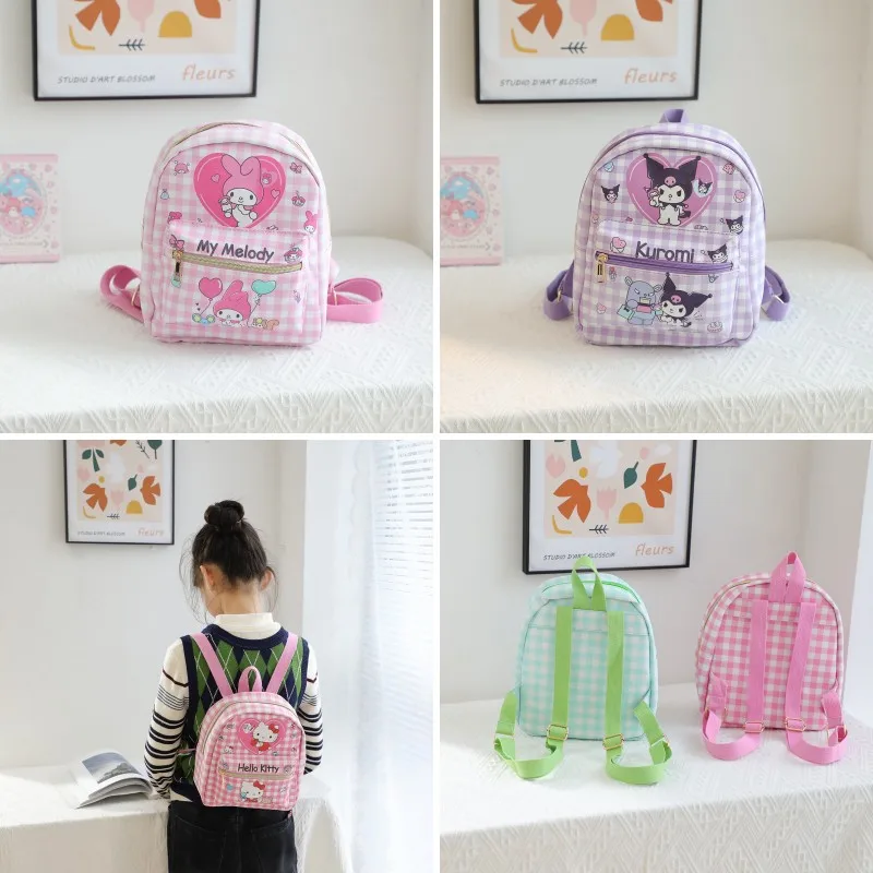 

Hello Kitty Sanrio Y2K Printed Plaid Backpack Kuromi Cinnamoroll Melody Pu Leather Waterproof Mini Shoulder Bag Kids School Bag