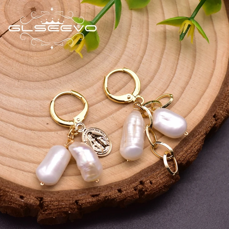 

GLSEEVO Designer Natural Freshwater White Baroque Pearl Tassel Drop Earrings For Women's Asymmetry Trendy Jewelry GE0942