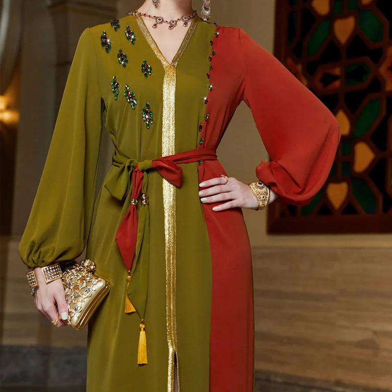 Military Green Orange Red Color Block Fashion Muslim Moroccan Kaftan Dubai Dress Rhinestone Tassel Tape Trim Lantern Sleeve Eid