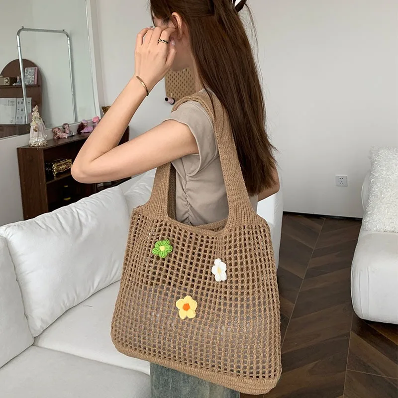 

Handmade Knitted Women's Large Capacity Purse and Handbags Fashion Hollow Mesh Shoulder Bag Summer Beach Bags Shopper Totes