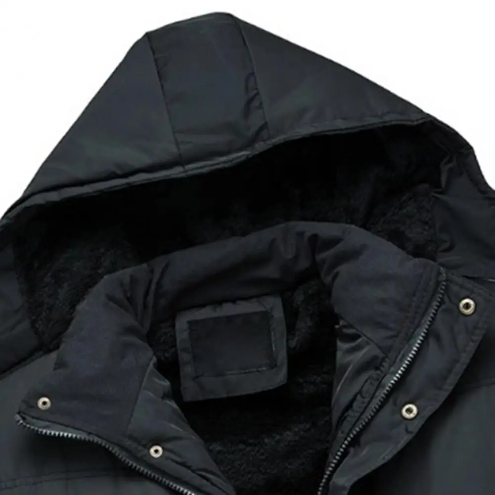 Fleece Lining Stand Collar Long Sleeve Pockets Buttons Zipper Placket Men Coat Winter Thickened Cotton Padded Mid-Length Hooded