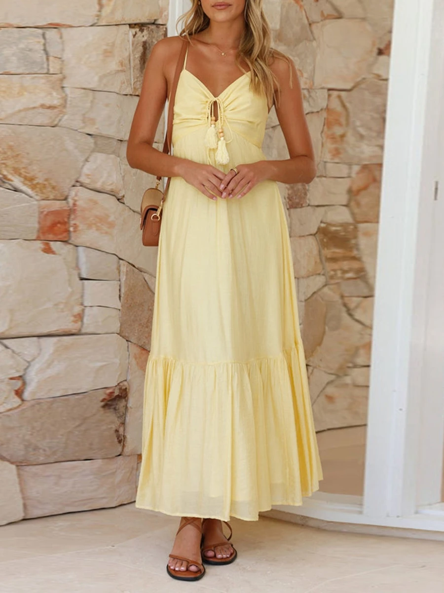 Женское летнее длинное платье на бретелях-спагетти