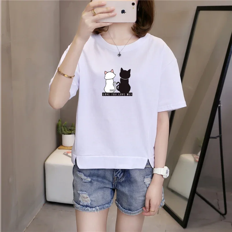 

Summer thin kitten print short sleeved t-shirt women ins trendy Korean version loose and versatile simple age reducing thin top