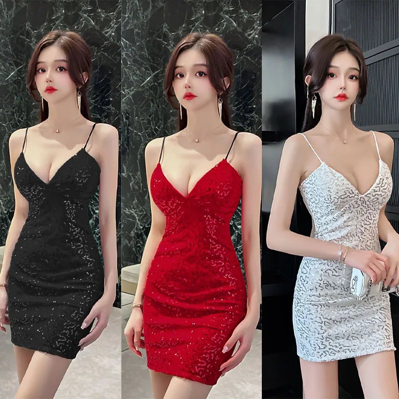 

Fashion Sequins Mini Short Women Dresses Sexy Sling Strap Slim High Waist Package Hip Spandex Gown V Neck Night Clubs Vestidos