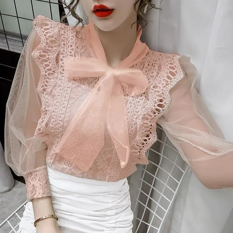 Женская блузка на шнуровке кружевная рубашка с вырезами Женский Топ длинным