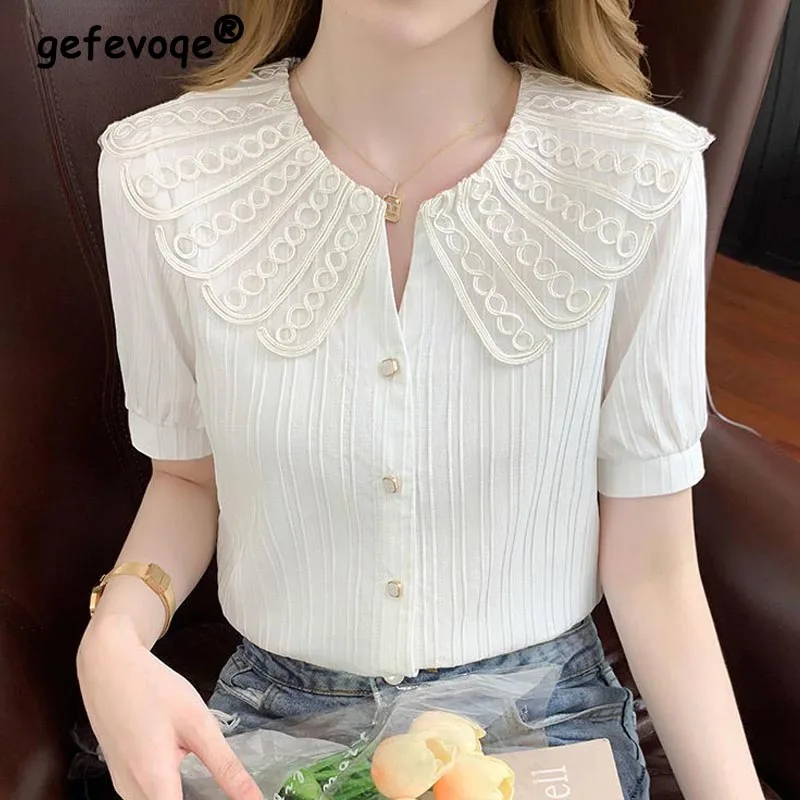 Summer Women New Korean Style Fashion Top Elegant Doll Collar Short Sleeve Solid Color Lace Design Shirt All-match Casual Blouse
