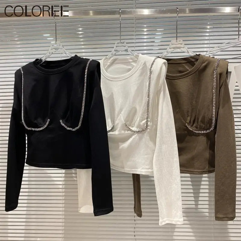 

Женская модельная футболка с круглым вырезом, дизайнерская Повседневная Свободная футболка с золотой цепочкой, весна-осень 2022