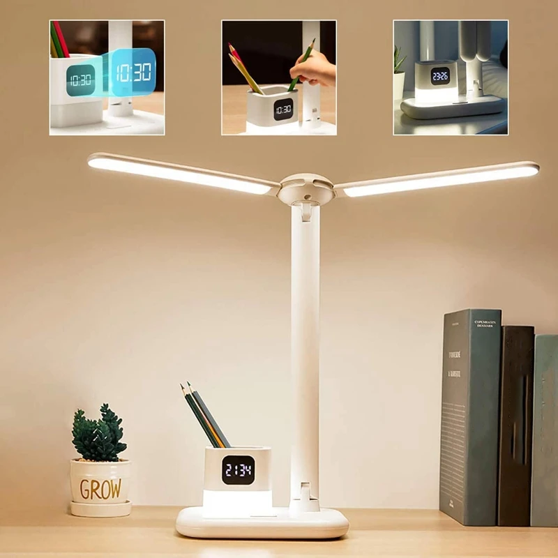 

Светодиодная настольная лампа с 2 головками для ухода за глазами, офисный Настольный светильник с держателем для ручек и часами, широкий уго...