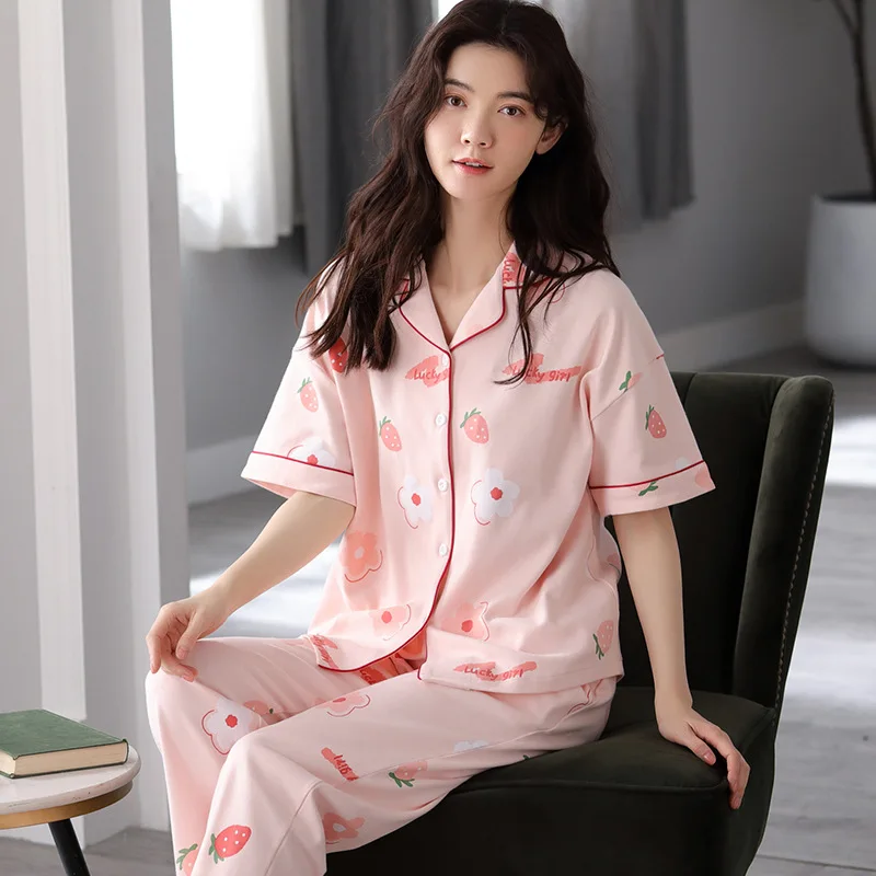 Pajamas Women 2023 New Summer Cotton Short-sleeved Trousers Sweet and Cute Korean Casual Thing Home Suit Breathable Loungewear